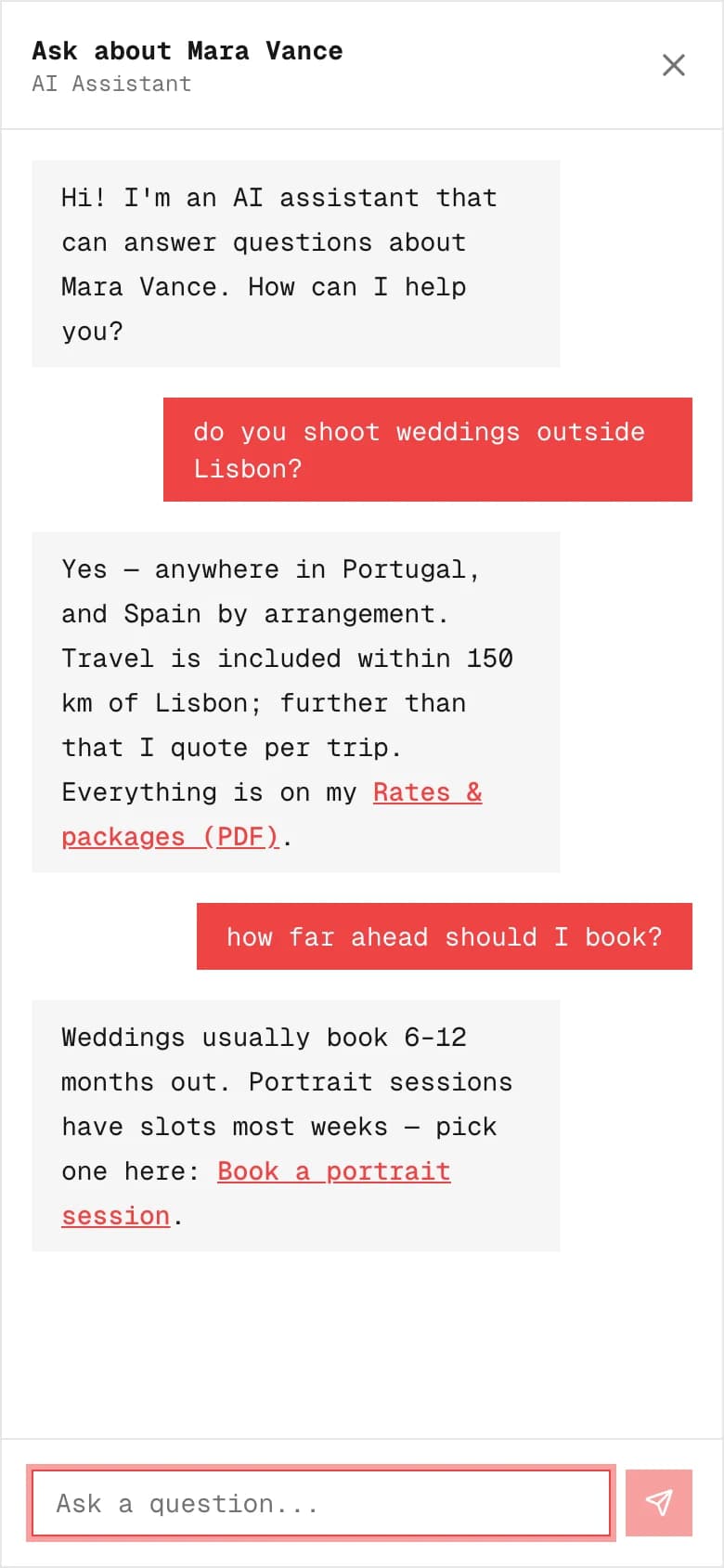 A visitor asks Mara's page whether she shoots weddings outside Lisbon; the AI answers with her travel terms and links her rates PDF, then her booking page