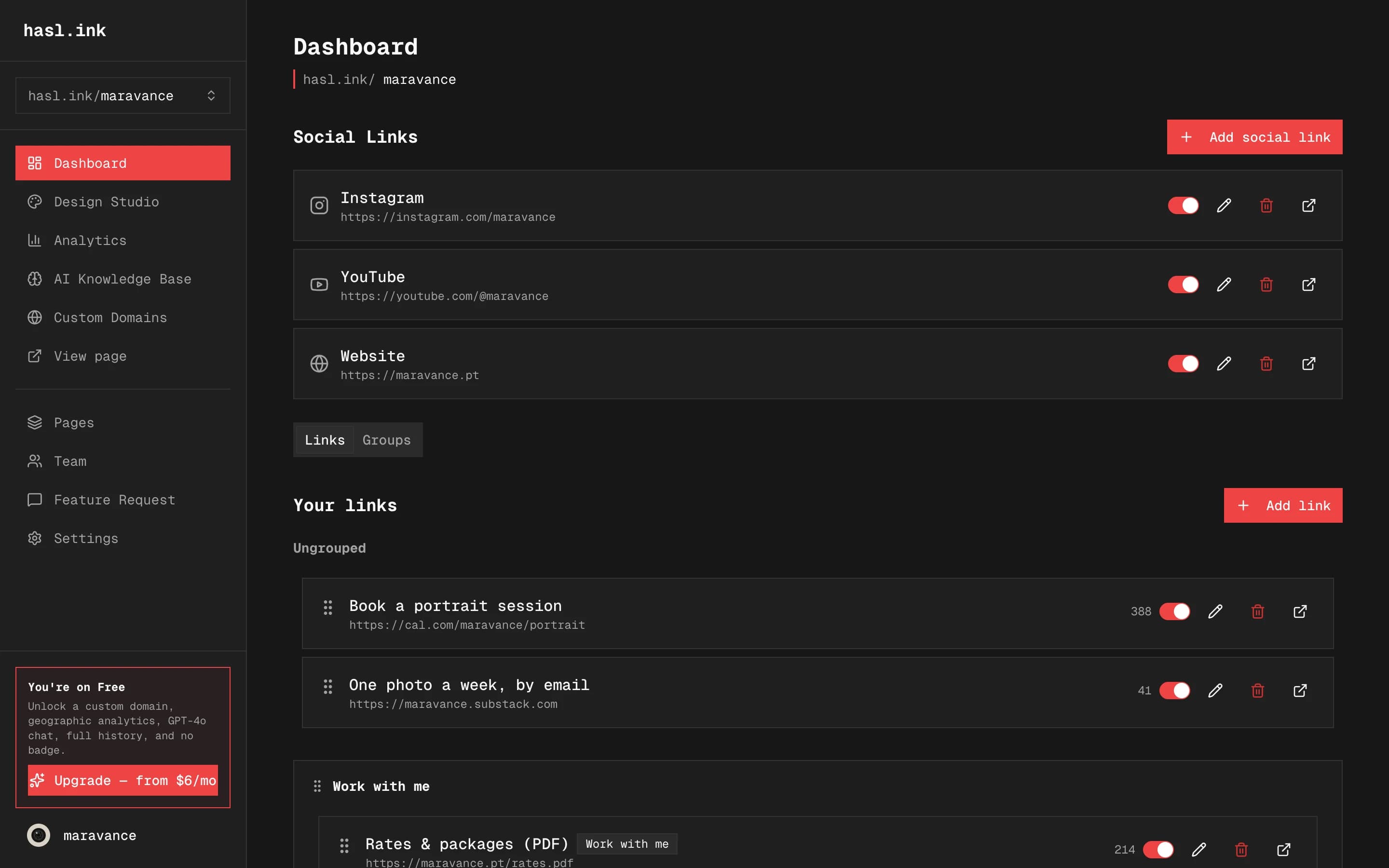 The hasl.ink dashboard: social links, a list of links with click counts, and link groups