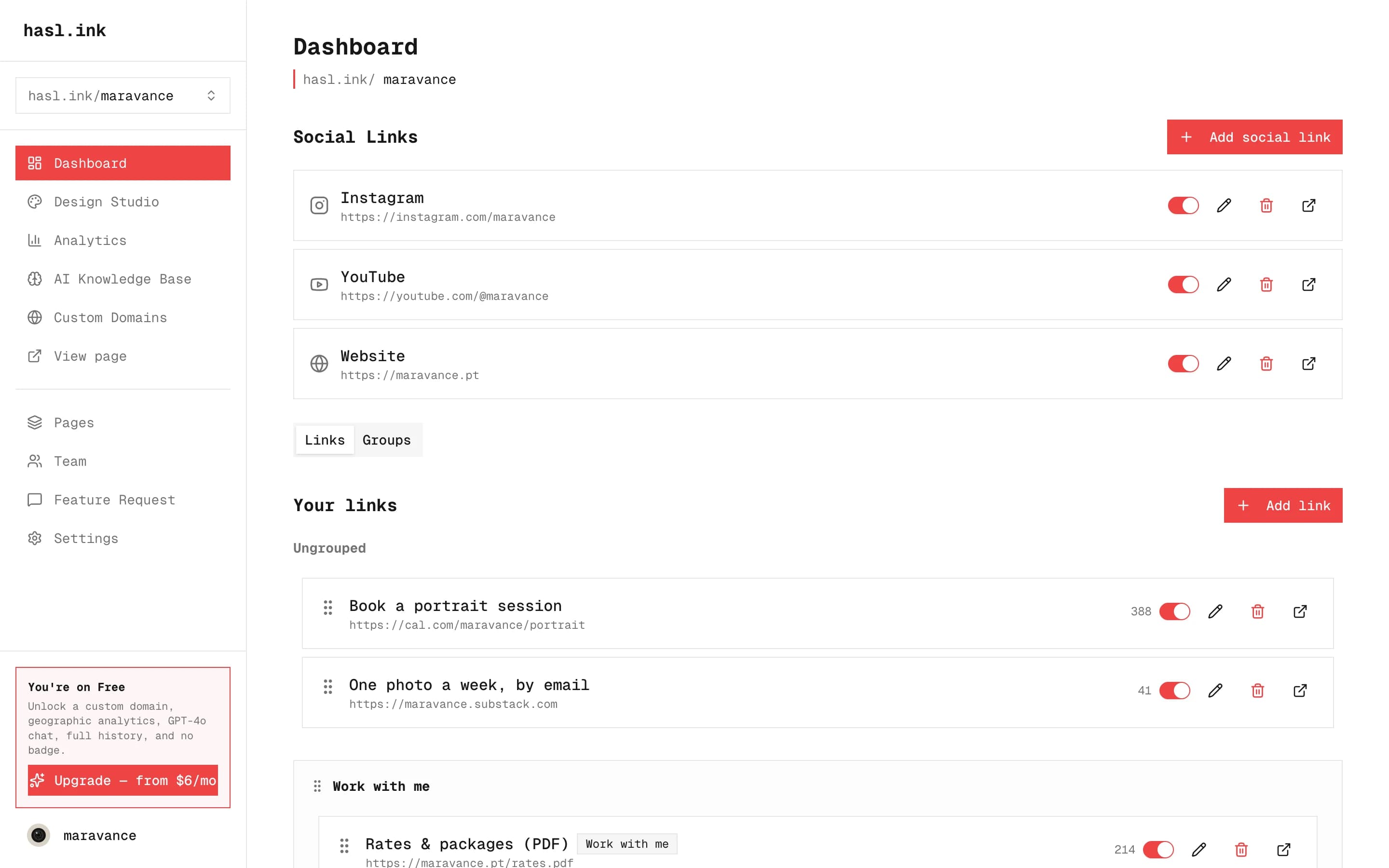 The hasl.ink dashboard: social links, a list of links with click counts, and link groups