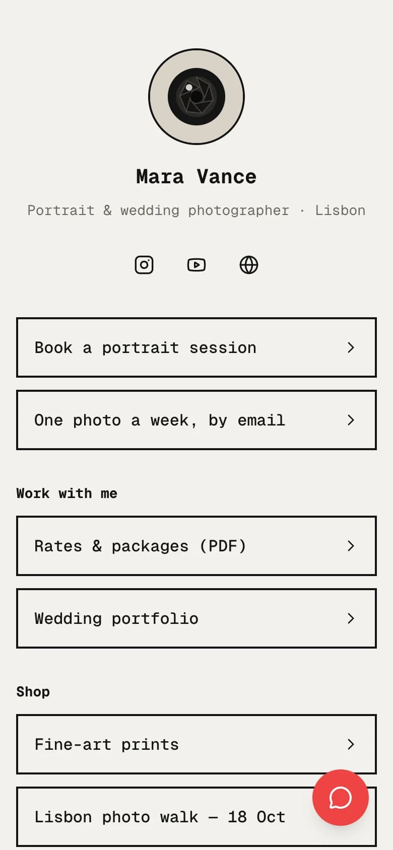 Example hasl.ink page for a photographer: off-white background, square outlined links grouped under Work with me and Shop