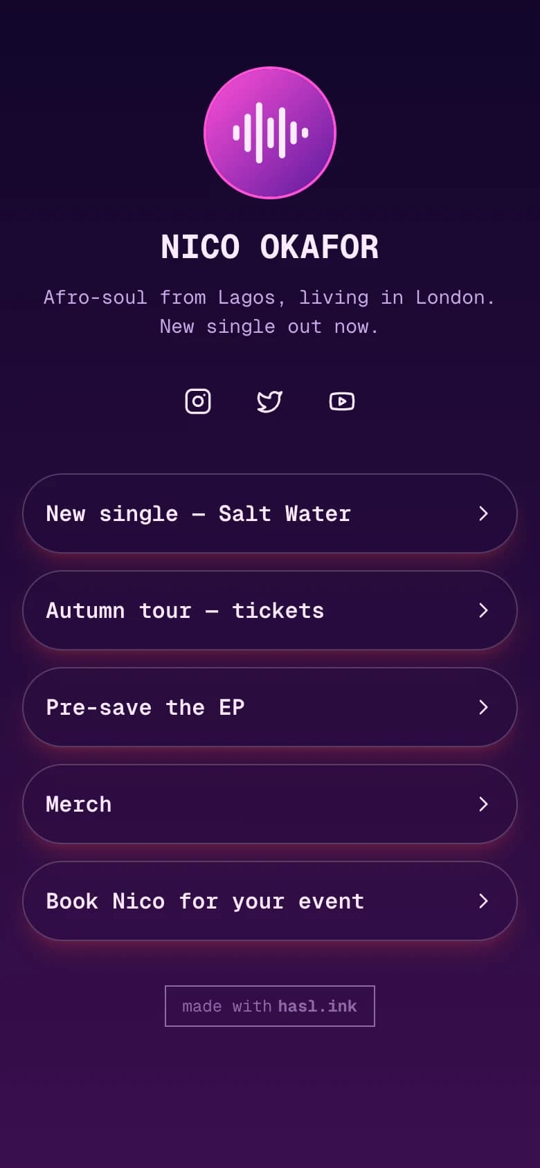 Example hasl.ink page for a musician: dark purple gradient with glowing pill-shaped links for a new single, tour tickets and merch