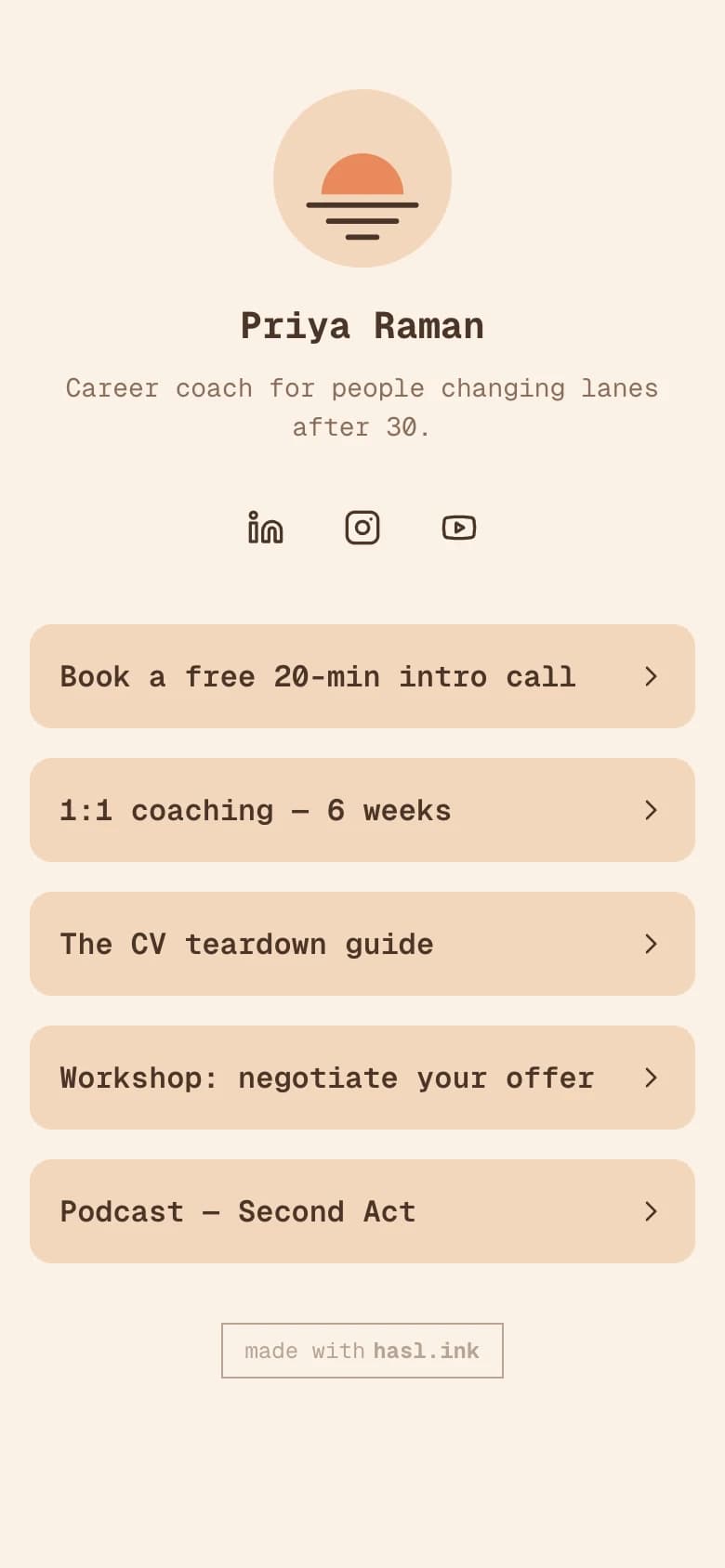 Example hasl.ink page for a career coach: warm cream background with soft rounded links for an intro call, coaching and a guide