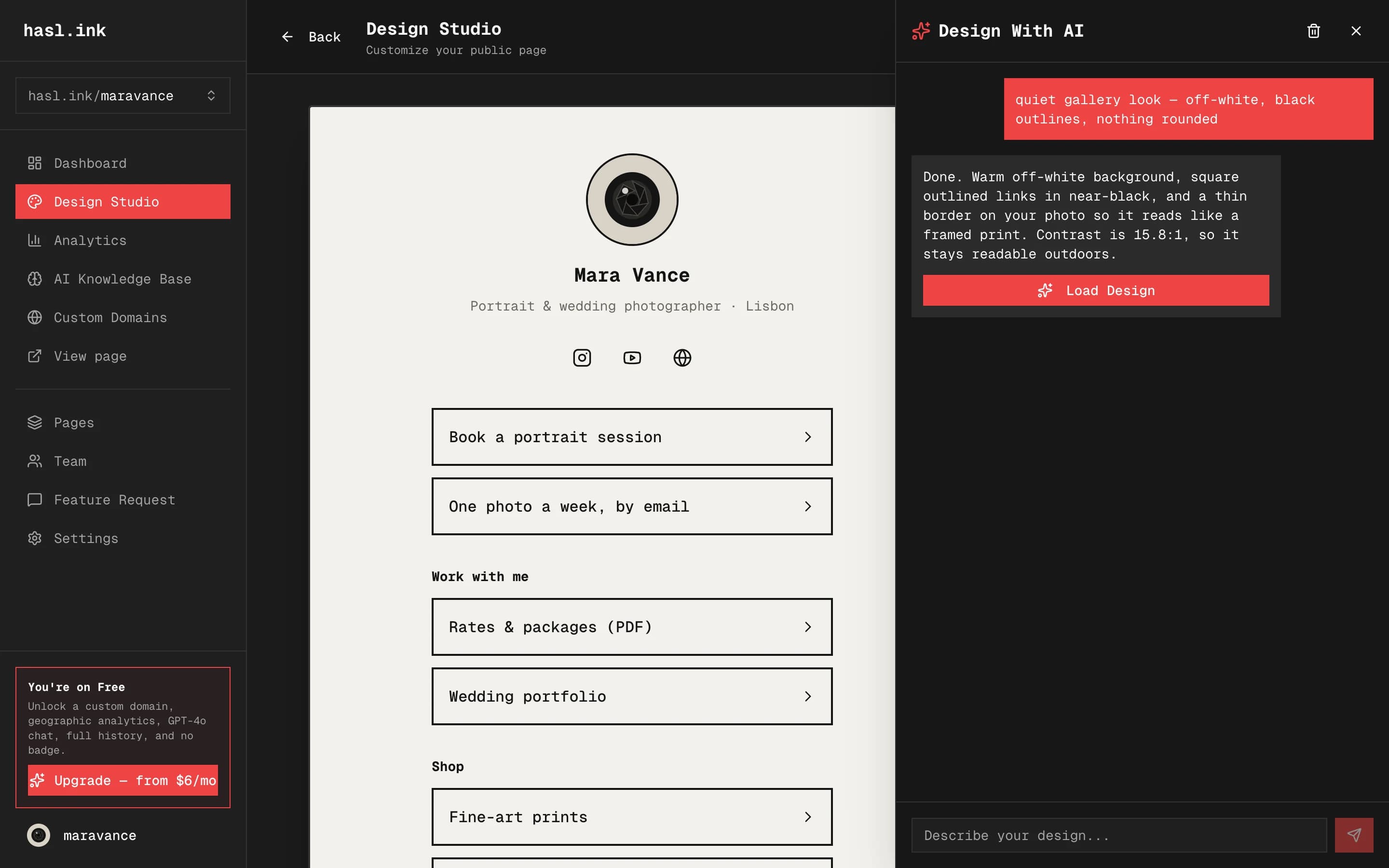 The hasl.ink design studio: an AI chat that built a theme from one sentence, next to a live preview of the page