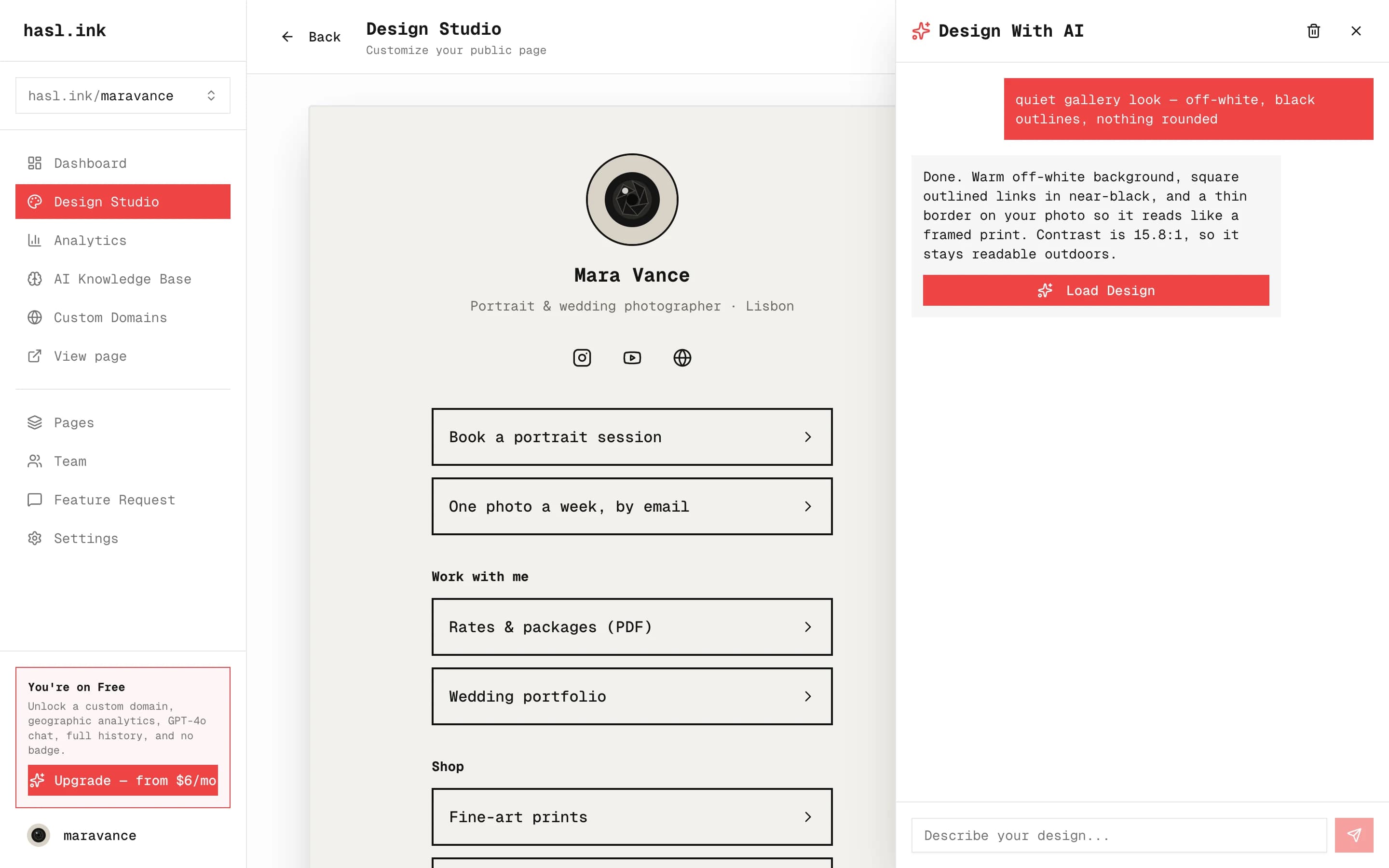 The hasl.ink design studio: an AI chat that built a theme from one sentence, next to a live preview of the page